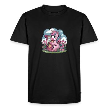 Unicorn with harp and strawberries in flower field - Men's Premium Organic T-Shirt - black - Front - Nico (187cm)