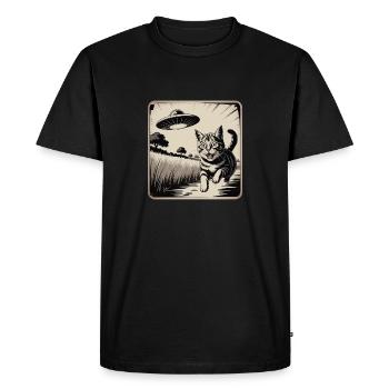 Dessin d’aventure de chat et d’OVNI - T-shirt Premium bio Homme - noir - Devant - Nico (187cm)