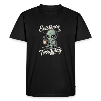 Existence is Terrifying Funny Alien UFO Coffee - Men's Premium Organic T-Shirt - black - Front - Nico (187cm)