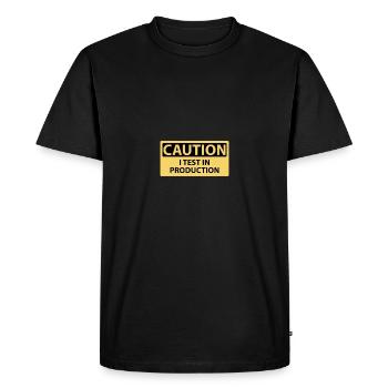 Caution I test in production - Men's Premium Organic T-Shirt - black - Front - Nico (187cm)