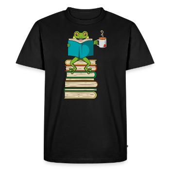 Funny Frog Book Reading and Drinking Tea - Men's Premium Organic T-Shirt - black - Front - Nico (187cm)