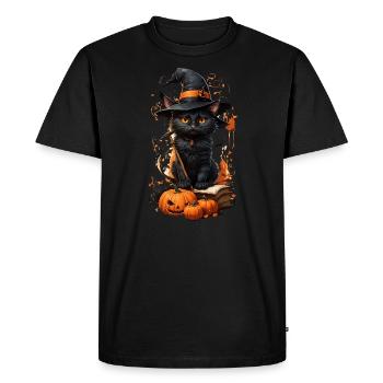 Chat enchanté d’Halloween: manche à balai magique - T-shirt Premium bio Homme - noir - Devant - Nico (187cm)