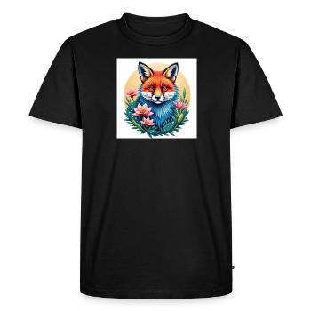 Cute fox with flowers in front of sun disc - Men's Premium Organic T-Shirt - black - Front - Nico (187cm)