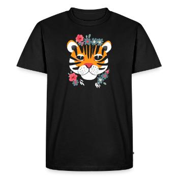 Tête de tigre avec des fleurs - T-shirt Premium bio Homme - noir - Devant - Nico (187cm)