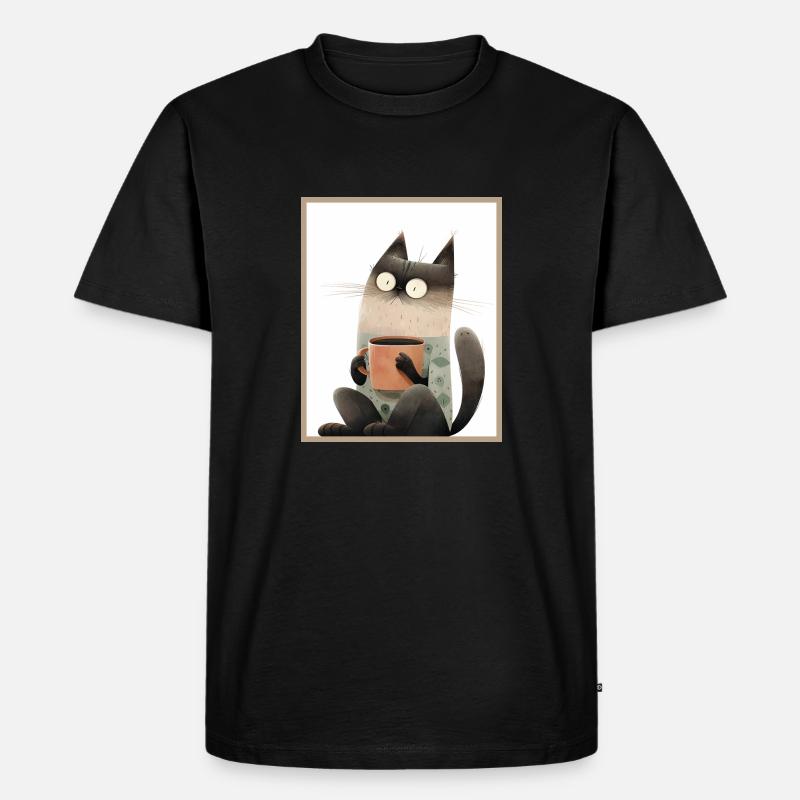 Katze mit Kaffeetasse - Männer Premium Bio T-Shirt - Schwarz