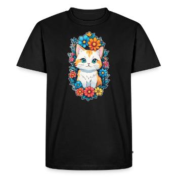 chat et fleur aquarelle - T-shirt Premium bio Homme - noir - Devant - Nico (187cm)