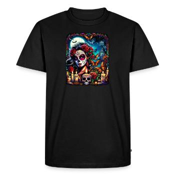 Lebendiges Design für die Feier des Día de Muertos - Männer Premium Bio T-Shirt - Schwarz - Vorne - Nico (187cm)