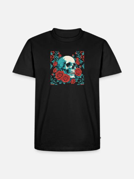 crâne rétro avec motif de roses rouges - T-shirt Premium bio Homme - noir