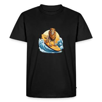 Surfing Lion au coucher du soleil, Aventureux - T-shirt Premium bio Homme - noir - Devant - Nico (187cm)