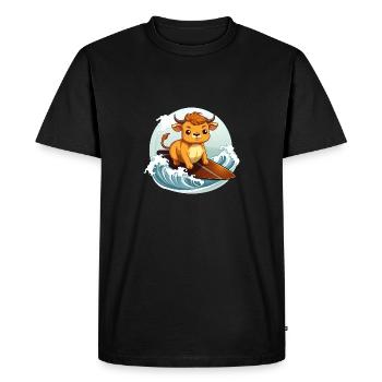 Vache surfeuse sur planche de surf, Animal aventureux - T-shirt Premium bio Homme - noir - Devant - Nico (187cm)