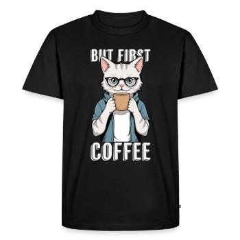 But First Coffee - Coffee Drinking Cat - Men's Premium Organic T-Shirt - black - Front - Nico (187cm)
