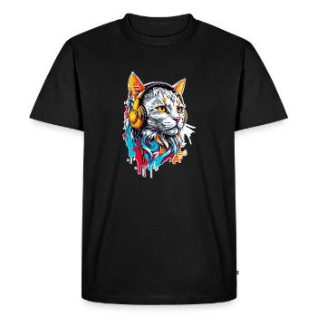 Le chat écoute de la musique - T-shirt Premium bio Homme - noir - Devant - Nico (187cm)