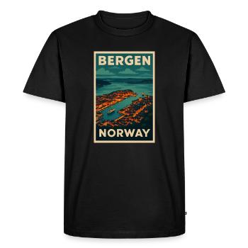 Bergen Norway – Retro Travel Poster Harbour View - Men's Premium Organic T-Shirt - black - Front - Nico (187cm)