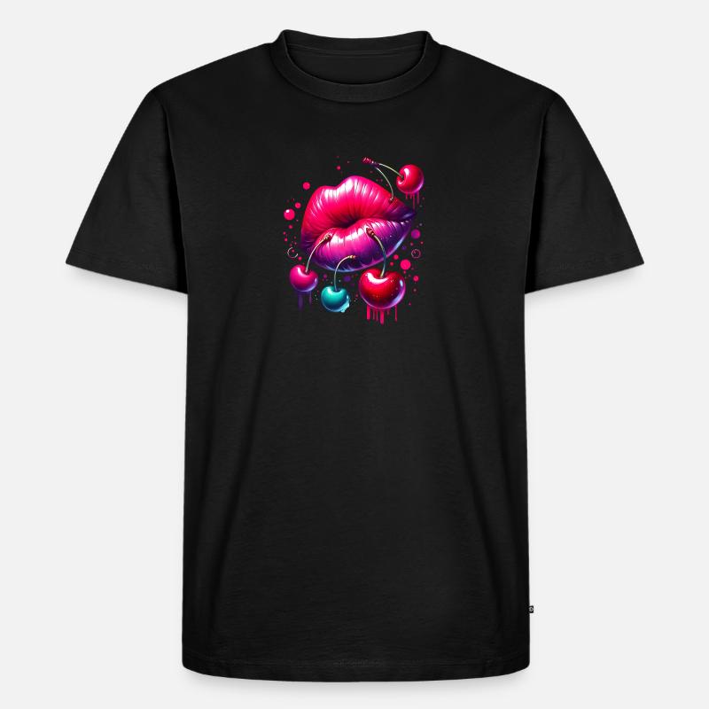 Lippen mit Kirschen - Männer Premium Bio T-Shirt - Schwarz