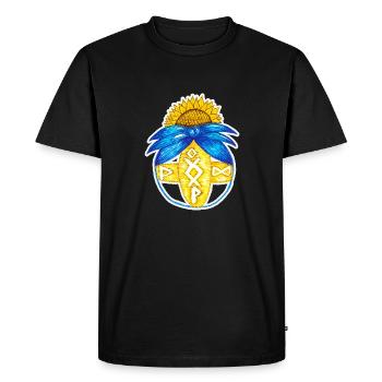 Motanka, poupée ukrainienne traditionnelle. Jaune bleu. - T-shirt Premium bio Homme - noir - Devant - Nico (187cm)