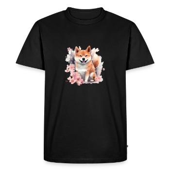 Japanese dog Shiba Inu cherry blossom watercolor - Men's Premium Organic T-Shirt - black - Front - Nico (187cm)