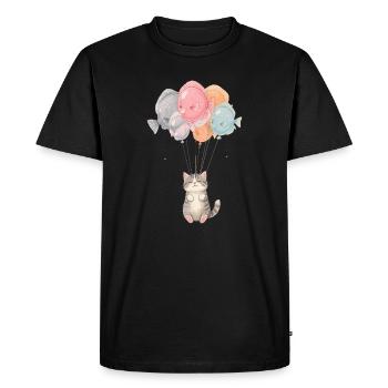 Cute Cat with Fish Balloons – Cartoon Design - Men's Premium Organic T-Shirt - black - Front - Nico (187cm)