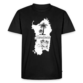 Sardinia island with palm trees, sea and sailing ship - Men's Premium Organic T-Shirt - black - Front - Nico (187cm)
