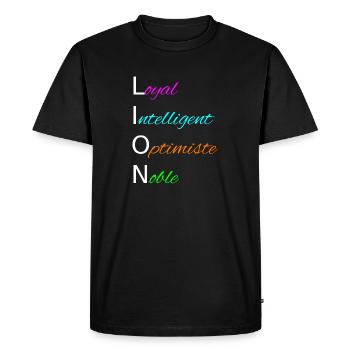 Lion Loyal Intelligent Optimiste Noble - Signe - T-shirt Premium bio Homme - noir - Devant - Nico (187cm)