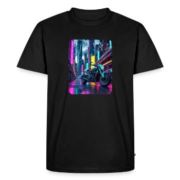 Chrome Motorcycle in Neon City - Men's Premium Organic T-Shirt - black - Front - Nico (187cm)