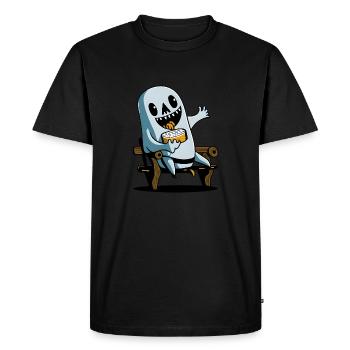 Halloween ghost eating sandwich on park bench - Men's Premium Organic T-Shirt - black - Front - Nico (187cm)