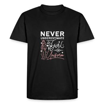 Never underestimate a girl in uniform - Men's Premium Organic T-Shirt - black - Front - Nico (187cm)