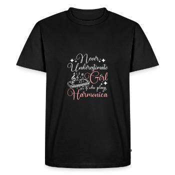 Never underestimate a girl who plays harmonica - Men's Premium Organic T-Shirt - black - Front - Nico (187cm)