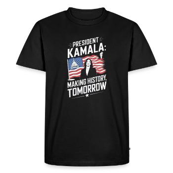LE PRÉSIDENT KAMALA ENTRE DANS L’HISTOIRE DEMAIN - T-shirt Premium bio Homme - noir - Devant - Nico (187cm)