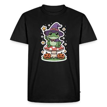 Grenouille sorcière d'Halloween sur amanite tue-mouches avec citrouille - T-shirt Premium bio Homme - noir - Devant - Nico (187cm)