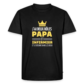J'AI DEUX ROLES PAPA ET INFIRMIER - T-shirt Premium bio Homme - noir - Devant - Nico (187cm)