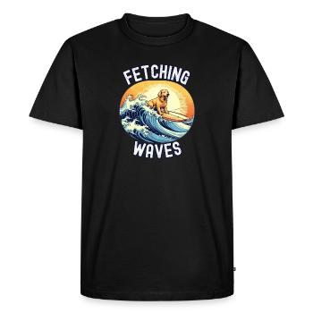 Fetching Waves : Retriever dog riding a surfboard - Men's Premium Organic T-Shirt - black - Front - Nico (187cm)