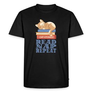Sleeping cat and books - Men's Premium Organic T-Shirt - black - Front - Nico (187cm)