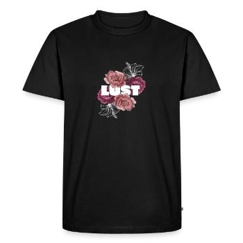 "Lust" with pink roses background - Men's Premium Organic T-Shirt - black - Front - Nico (187cm)