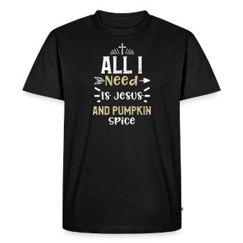 Tout ce dont j’ai besoin, c’est de Jésus et de citrouille... - T-shirt Premium bio Homme - noir - Devant - Nico (187cm)