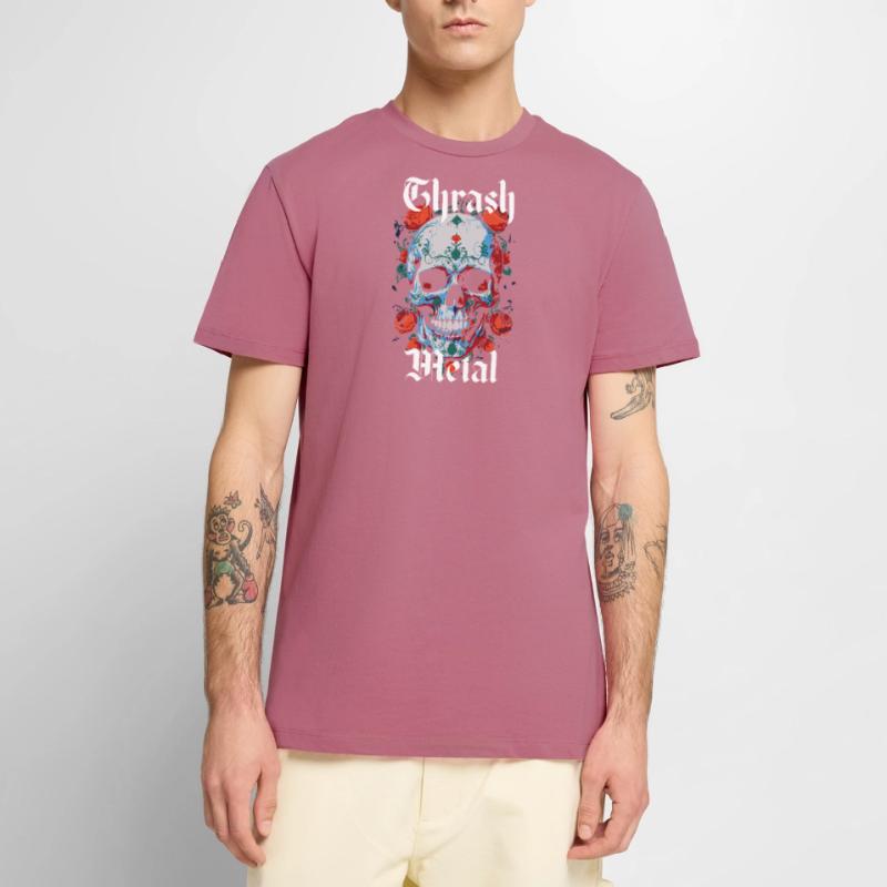 Design Thrash Metal con teschio e rose. Maglietta ecologica premium da uomo