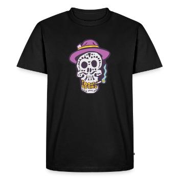 Halloween Sugar Skull fumant une cigarette dans un chapeau - T-shirt Premium bio Homme - noir - Devant - Nico (187cm)