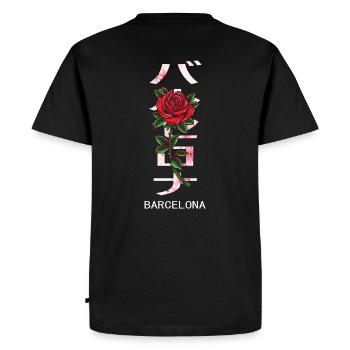 Barcelona in Japanese with roses and cherry blossoms - Men's Premium Organic T-Shirt - black - Back - Nico (187cm)