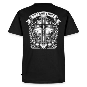 PUT GOD FIRST in Banderole Jesus Cross - Men's Premium Organic T-Shirt - black - Back - Nico (187cm)