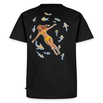 Woman in the water with koi fish - Men's Premium Organic T-Shirt - black - Back - Nico (187cm)