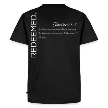 Redeemed - Ephesians 1:7 Christian Design - Men's Premium Organic T-Shirt - black - Back - Nico (187cm)