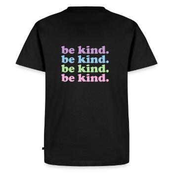 Phrase Soyez gentil. arc-en-ciel rose et violet pastel - T-shirt Premium bio Homme - noir - Dos - Nico (187cm)
