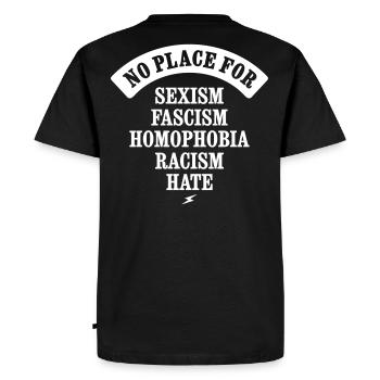 NO PLACE FOR SEXISM RACISM FASCISM HATE HOMOPHOBIA - Men's Premium Organic T-Shirt - black - Back - Nico (187cm)