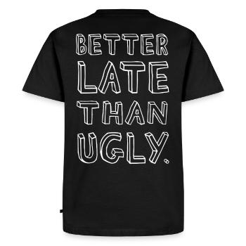 Mieux vaut tard que moche – Confiant - T-shirt Premium bio Homme - noir - Dos - Nico (187cm)