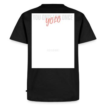 Script YOLO sur un maillot blanc - T-shirt Premium bio Homme - noir - Dos - Nico (187cm)