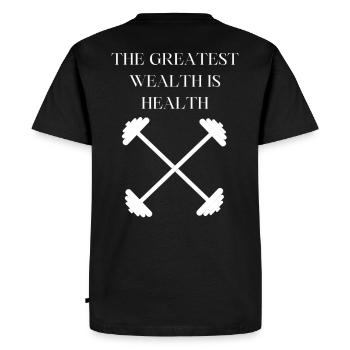 THE GREATEST WEALTH IS HEALTH GYM T-SHIRT - Men's Premium Organic T-Shirt - black - Back - Nico (187cm)