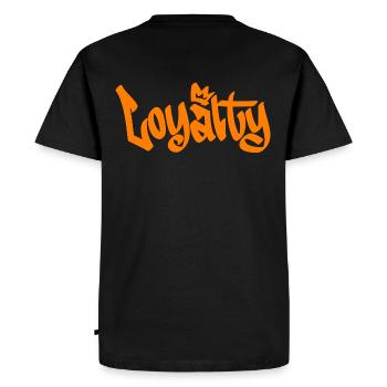Urban "Loyalty" Streetwear Unisex / Black Orange - Men's Premium Organic T-Shirt - black - Back - Nico (187cm)