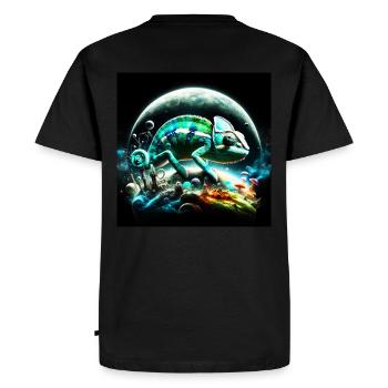 Colorful chameleon on surreal planet - Men's Premium Organic T-Shirt - black - Back - Nico (187cm)