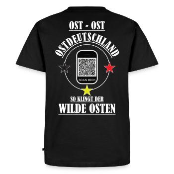 Geschenk für Ossis (mit funktionsfähigen QR-Code) - Männer Premium Bio T-Shirt - Schwarz - Hinten - Nico (187cm)