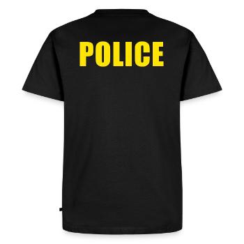Police, lettrage de police en jaune - T-shirt Premium bio Homme - noir - Dos - Nico (187cm)