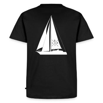 Sail Back Print Sailboat with Cross Writing Sail - Men's Premium Organic T-Shirt - black - Back - Nico (187cm)